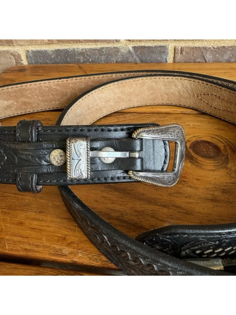 GINGERICH Handmade Tooled Leather Ranger Belt, Removable Buckle Men's 52 USA